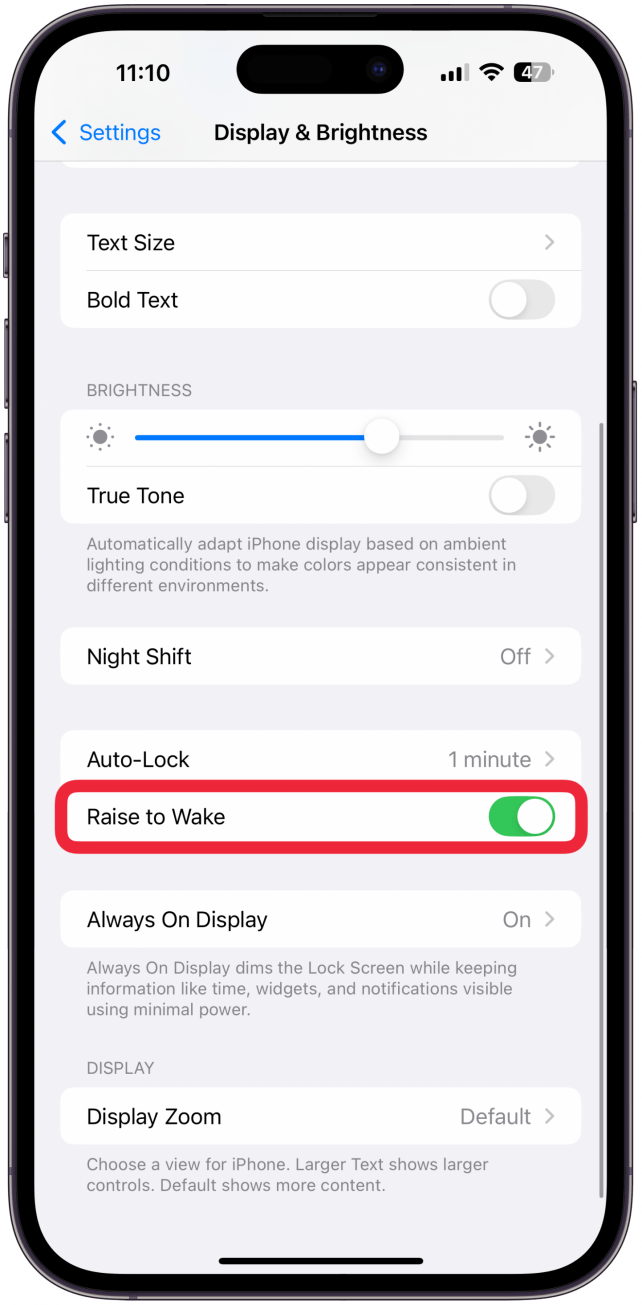 Scroll down to Raise to Wake and toggle it off. A gray toggle means Raise to Wake is disabled.