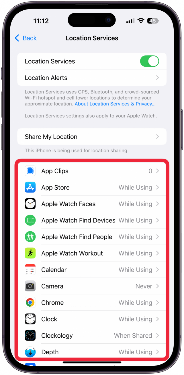 Select individual apps to choose when Location Services can be used.