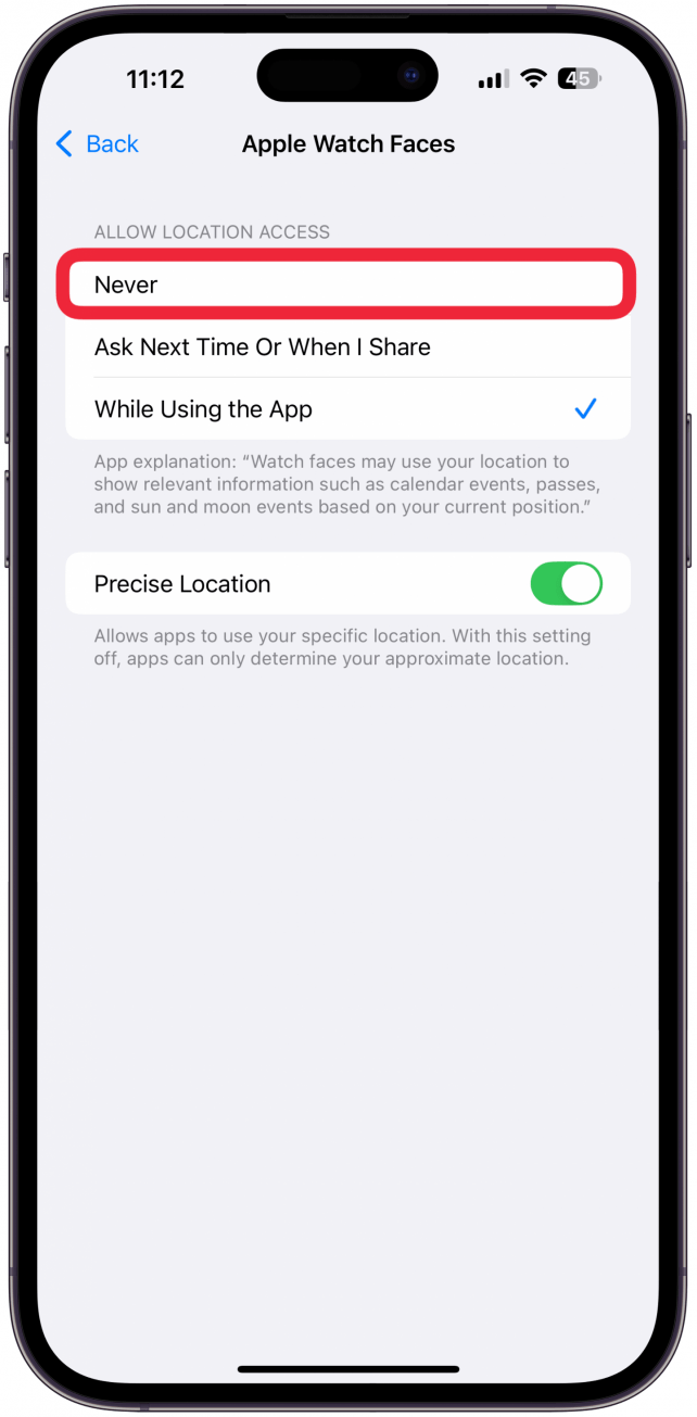 If the app never needs to know your location to be fully functional, go ahead and select Never.