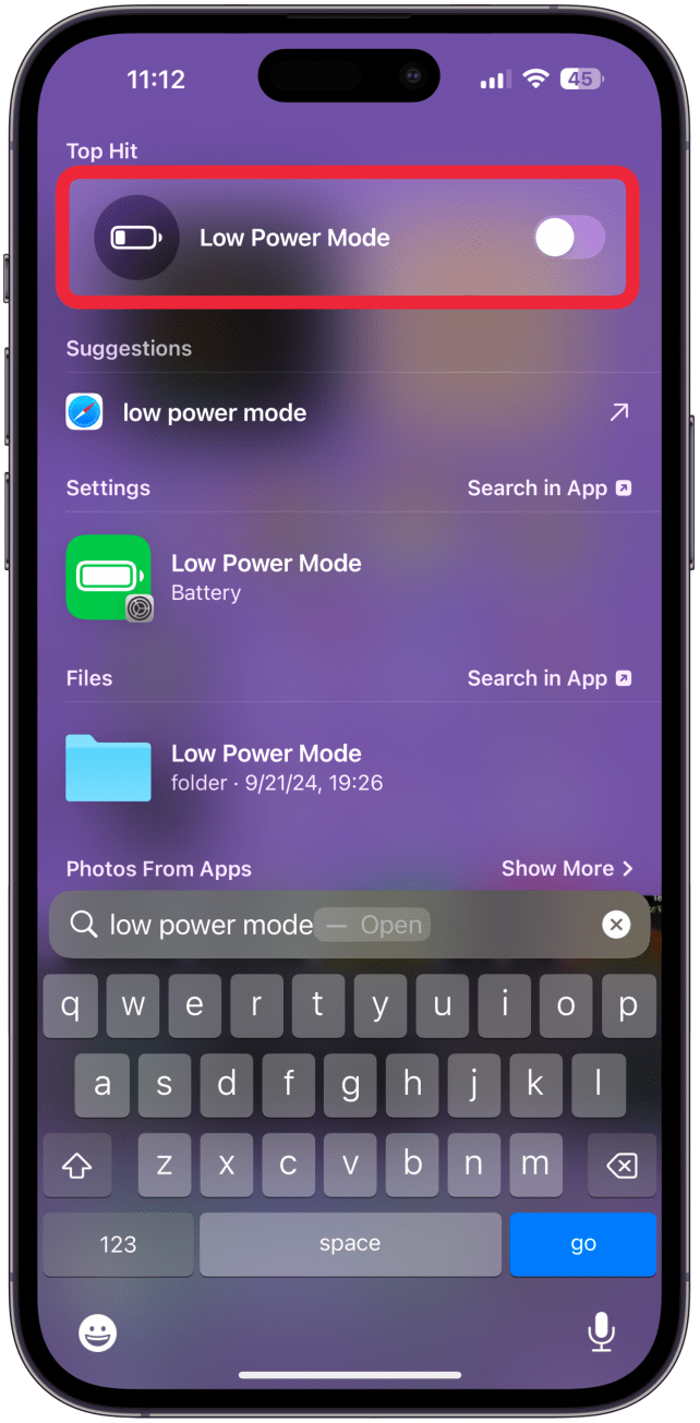 Type Low Power Mode and toggle it on so the slider is green.