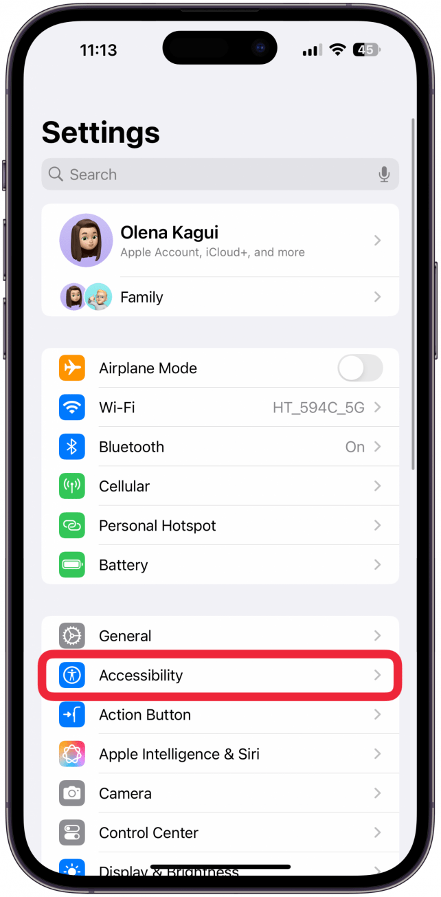 Open the Settings app, then scroll down and tap Accessibility.