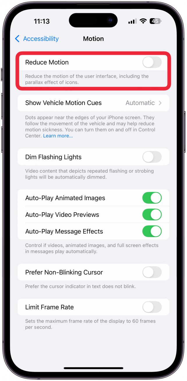 Toggle on Reduce Motion.