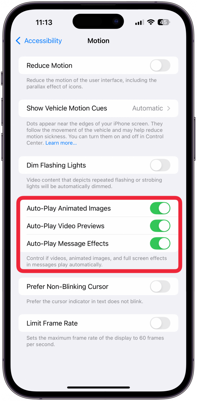 While you're on this page, you can also toggle off Auto-Play Animated Images, Auto-Play Video Previews, and Auto-Play Message Effects to save even more battery life. 