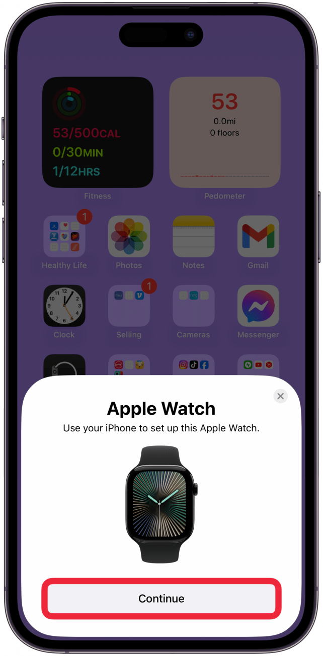 Turn on your new Apple Watch and hold it next to your iPhone. The option to set up your watch should appear automatically, just tap Continue. If it doesn't, open the Watch app on your iPhone, tap on All Watches in the My Watch tab and tap Add Watch. 