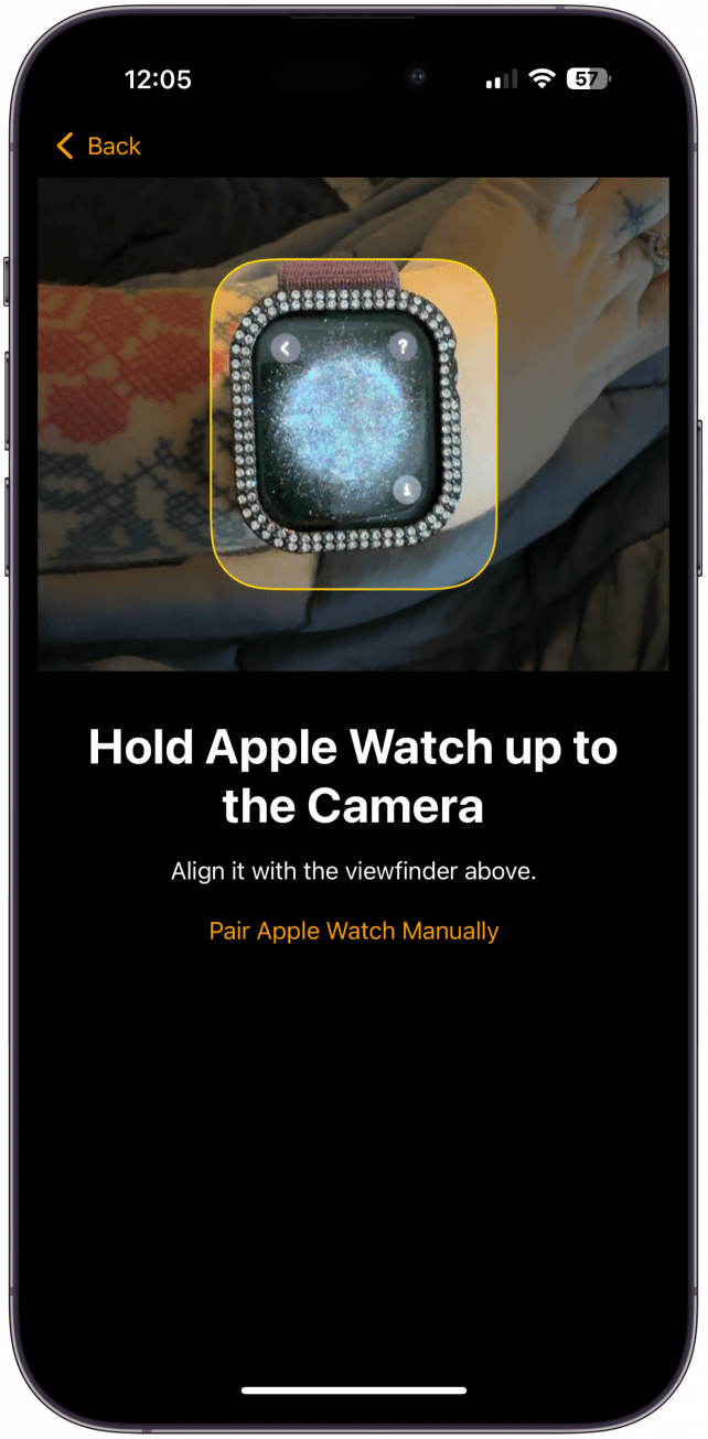 Hold your Apple Watch up to the Camera as instructed. If nothing happens after a few seconds, tap Pair Apple Watch Manually and follow the on-screen instructions.