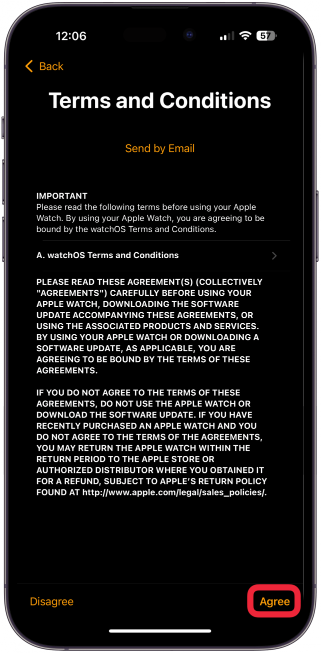 After a few minutes, tap Agree to accept the Terms and Conditions. If you tap Disagree you will not be able to proceed with the pairing.