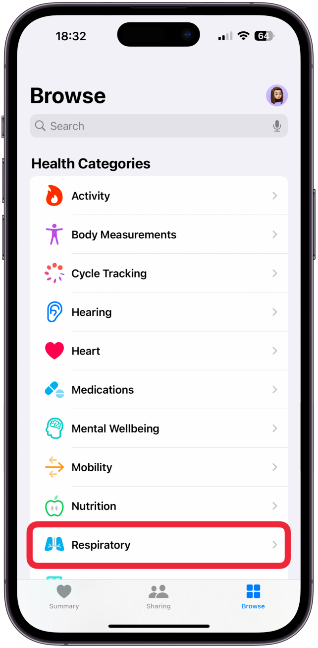 Scroll down and select either Sleep or Respiratory.