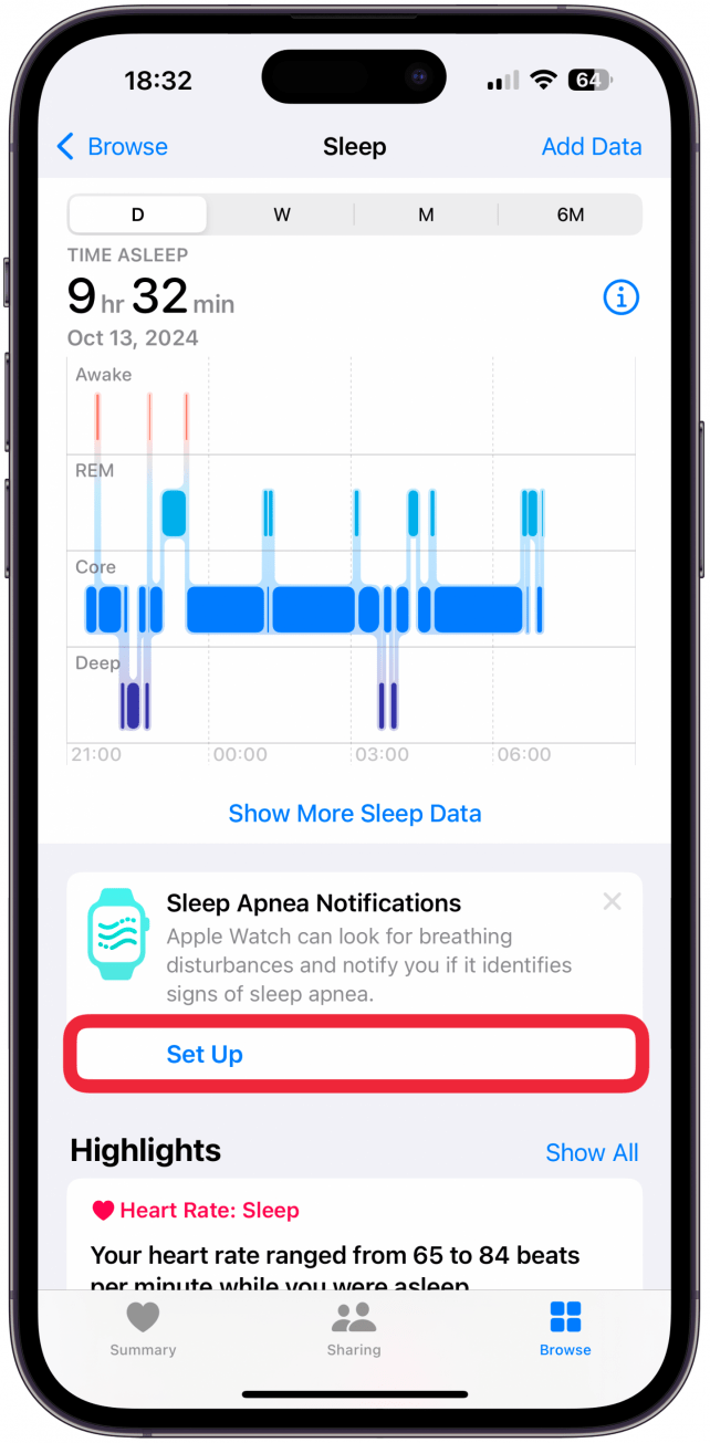 Scroll down until you see Sleep Apnea Notifications, tap Set Up.