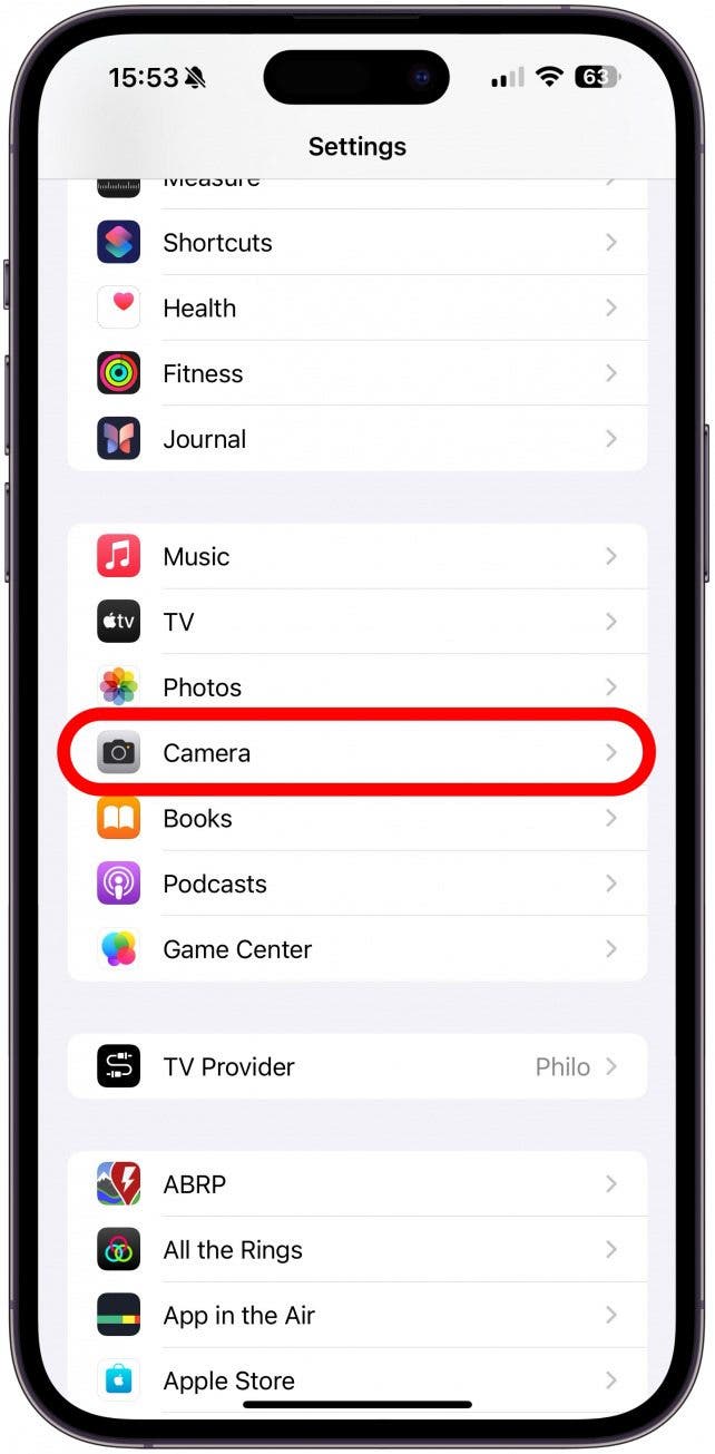 Scroll down and tap Camera.