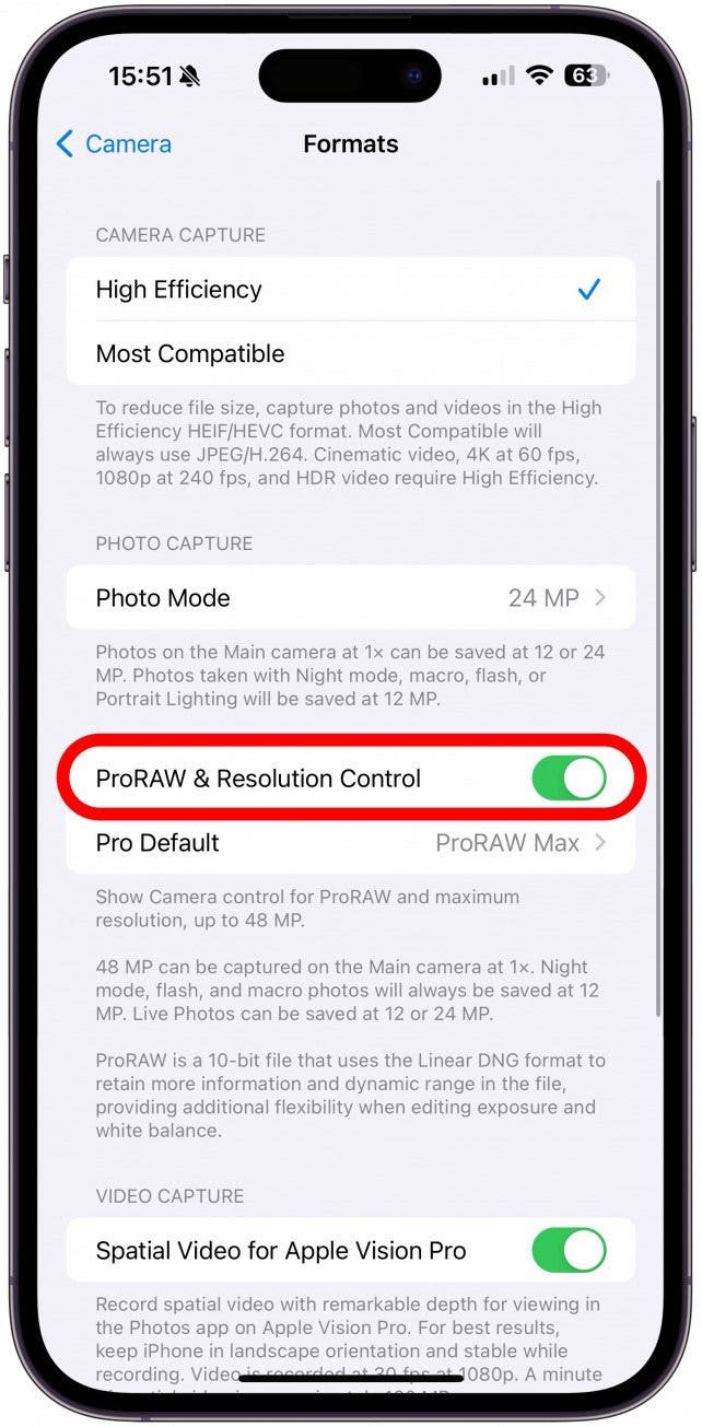 To use your iPhone's best possible camera quality, toggle on Apple ProRAW under Photo Capture.