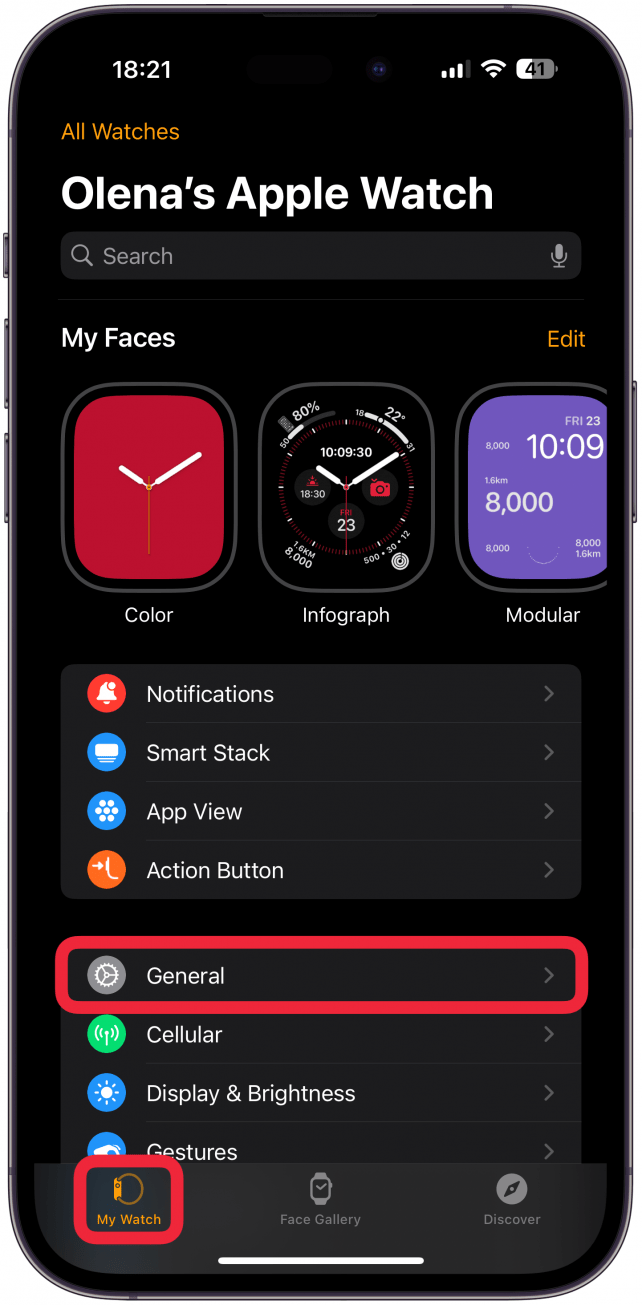 Under the My Watch tab, tap General.