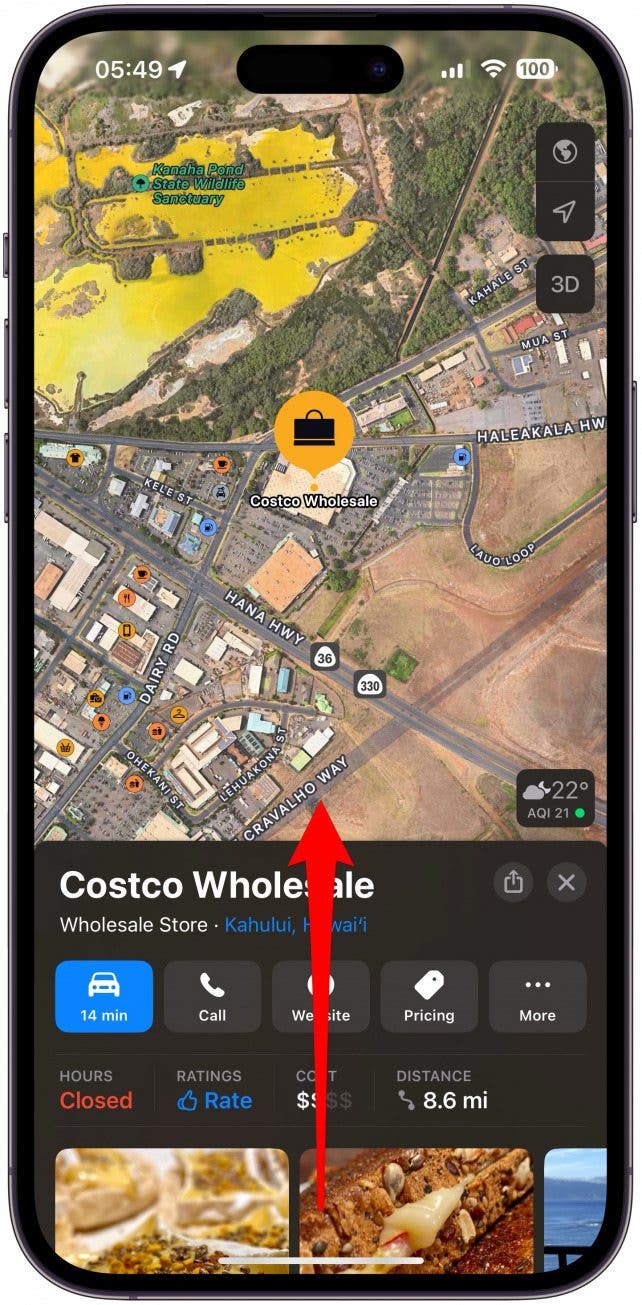 From the bottom of the screen, swipe up to scroll down to the extra info on the location.