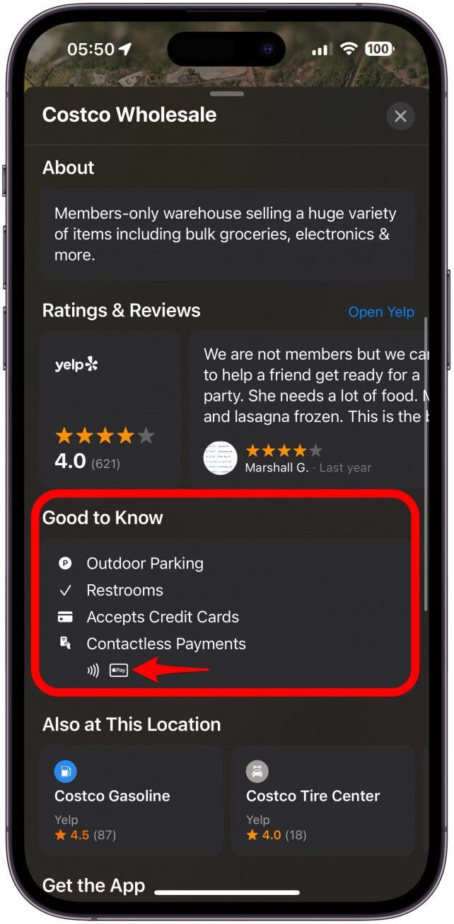 Below hours and Yelp reviews is Good to Know. Look here for the Apple Pay logo or Accepts Apple Pay.