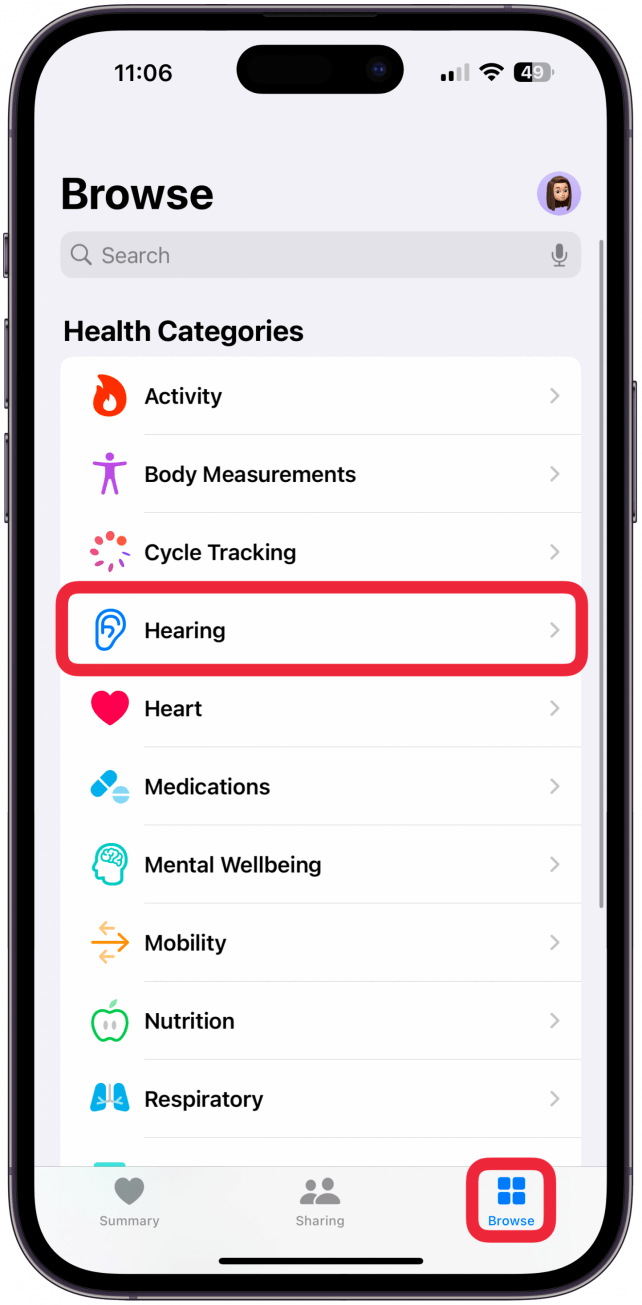 Navigate to the Browse tab if you’re not already there and tap on Hearing.