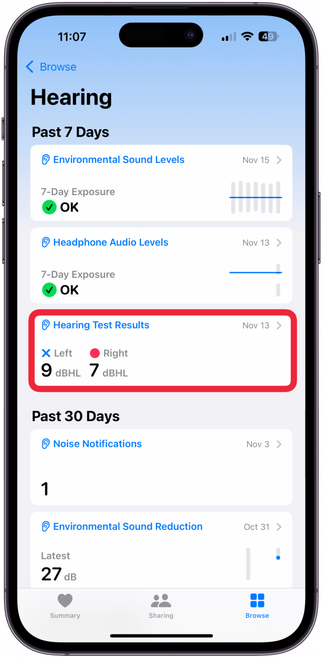 Tap on Hearing Test Results to get more information.