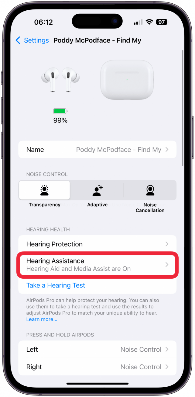 First, make sure that Hearing Assistance is on. Tap on it to see more details.