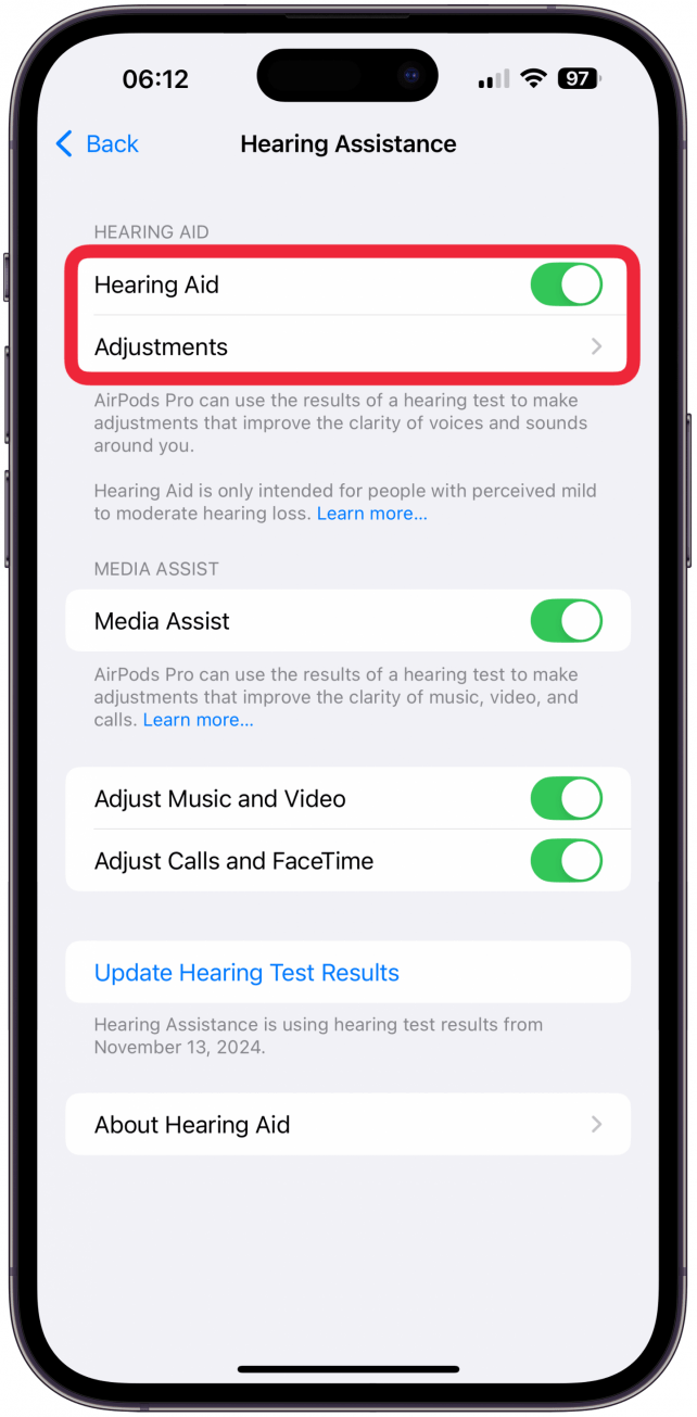 Make sure Hearing Aid is toggled on, and tap Adjustments.