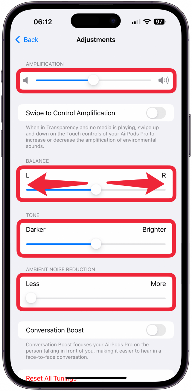 Here, you can alter the amplification, balance, tone, and ambient noise reduction, and you can toggle on Conversation Boost to help you hear in-person conversations.