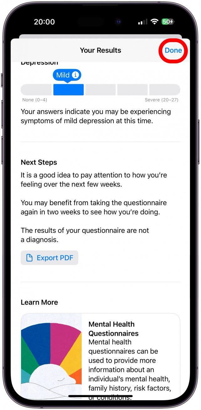Tap Done to return to the main Mental Wellbeing menu in the Health app.