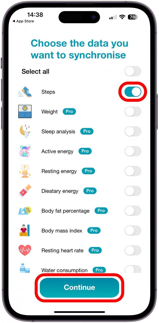 I'll toggle Steps on and tap Continue.