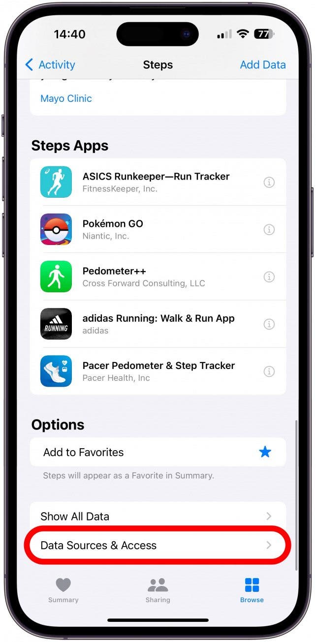 Scroll to the bottom and tap Data Sources & Access.