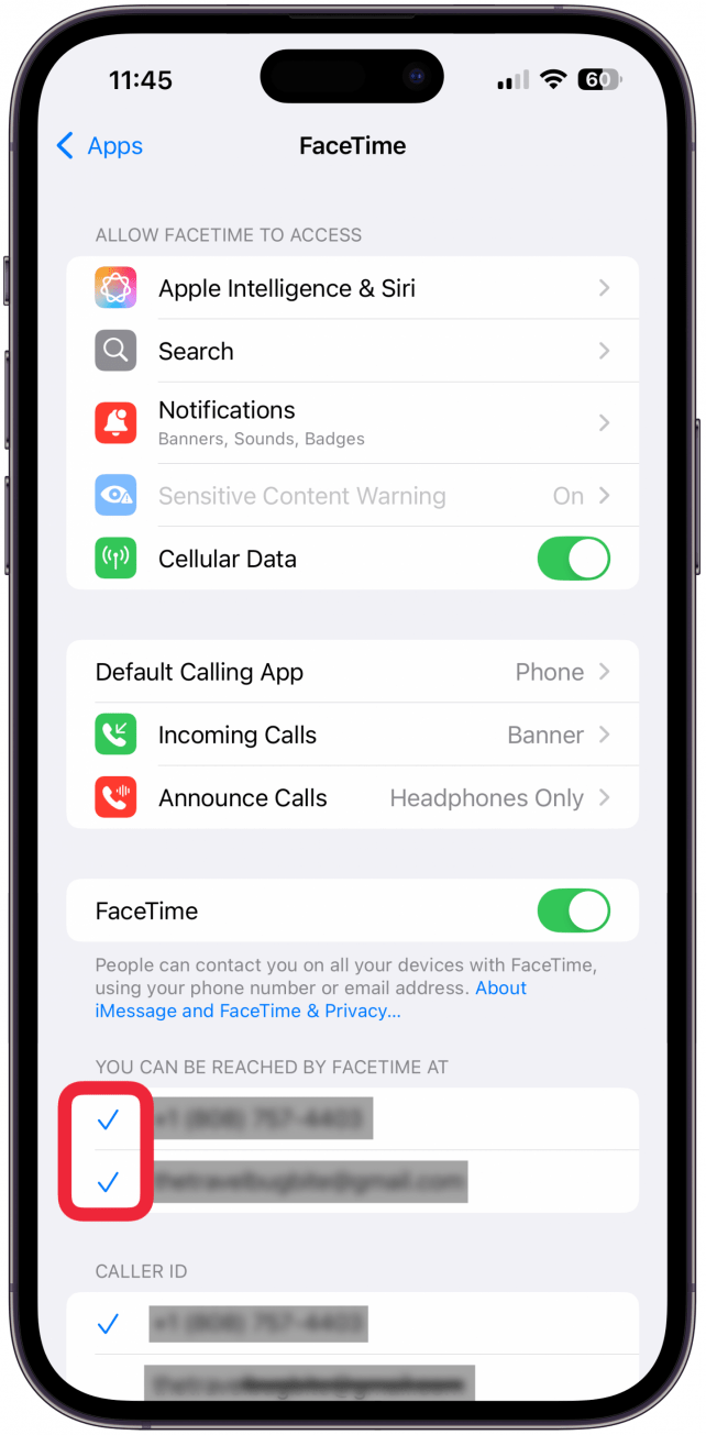 Make sure your phone number and any emails associated with your Apple ID are selected and have a blue checkmark next to them.