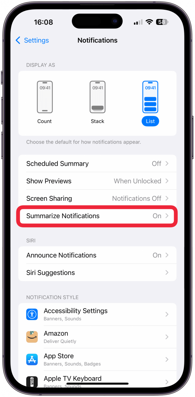 Select Summarize Notifications.