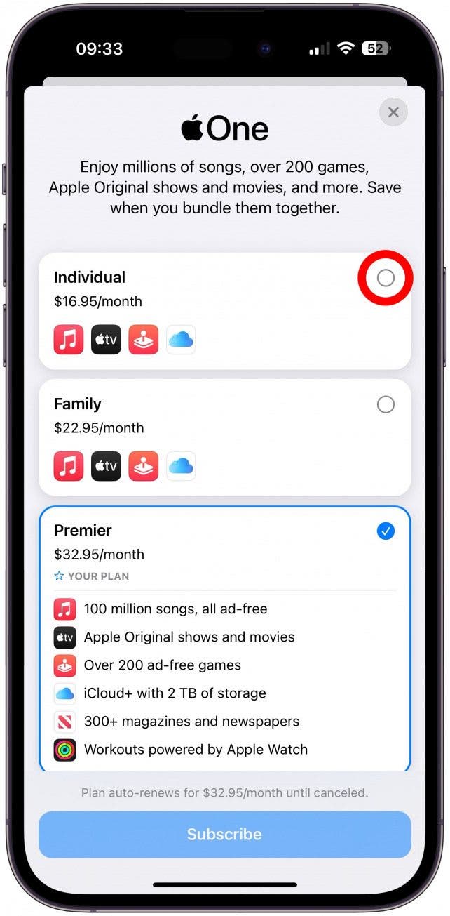 Here you'll see the different Apple One plans.