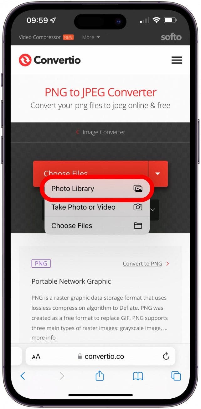 tap photo library to choose png to convert