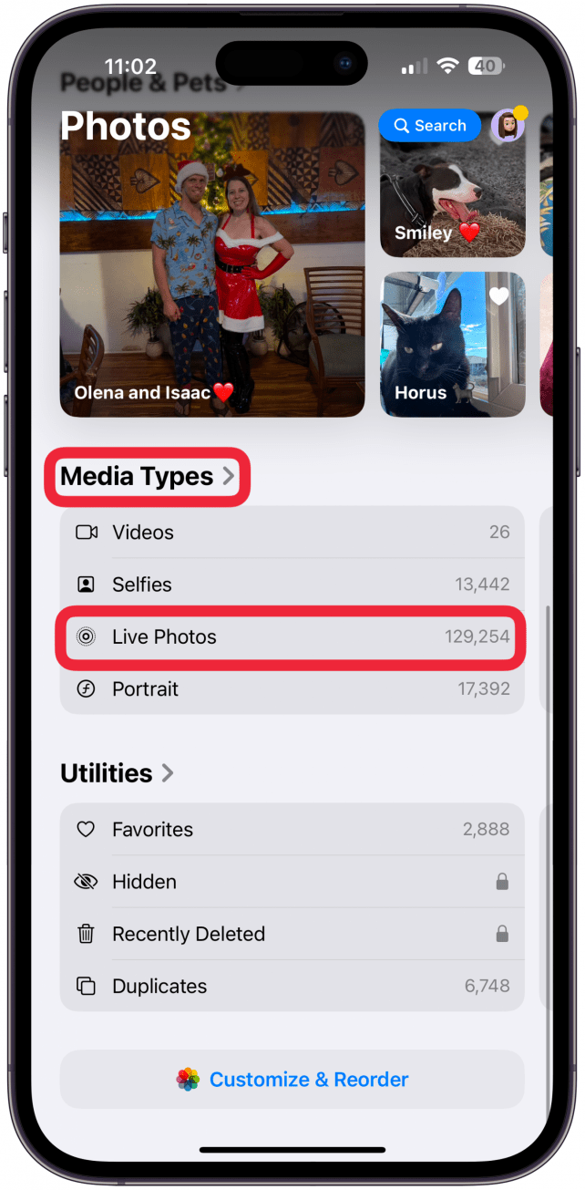 Scroll down until you see your Media Types collection, tap Live Photos. If you don't see Live Photos as one of the options, tap the text that says "Media Types" and select Live Photos from there.