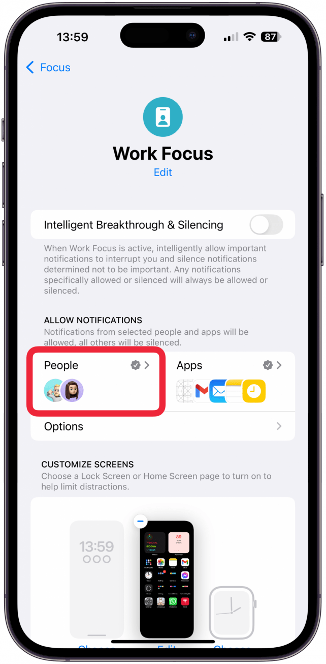 Tap People in the Focus customization menu.