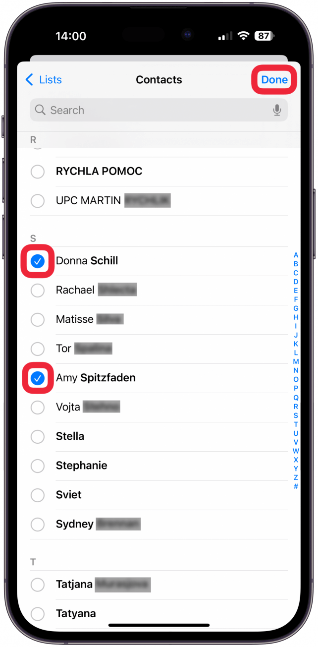 Tap the circle(s) next to the contacts you wish to add. You can use the Search bar and type their name to save you time. Once you have all your contacts selected, tap Done.