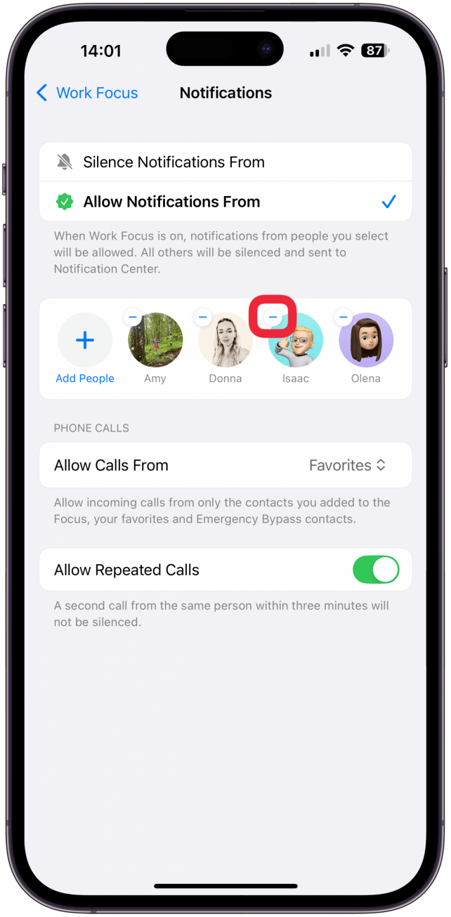 You will now see the contacts you selected. If you wish to remove someone you accidentally added, tap the minus icon, and they will disappear.