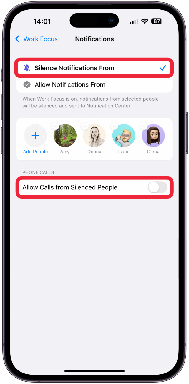 Depending on whether you decide to Silence or Allow notifications, you'll see different options for customizing phone call permissions. If you selected Silence Notifications From, you can toggle Allow Calls from Silenced People on or off.