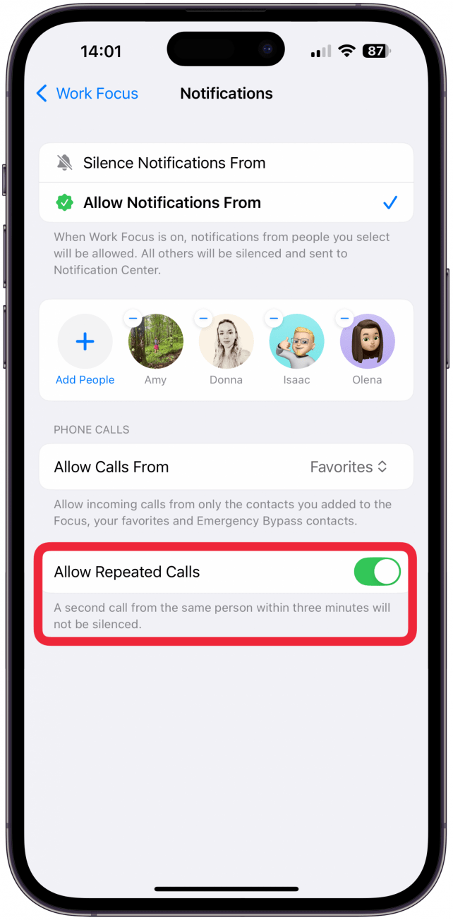 Below that, you can toggle if you wish to Allow Repeated Calls, which means that you won't be notified the first time someone calls, but if they call back again within three minutes, their second call won't be silenced. I recommend toggling this on so that someone can reach you in case of an emergency. 