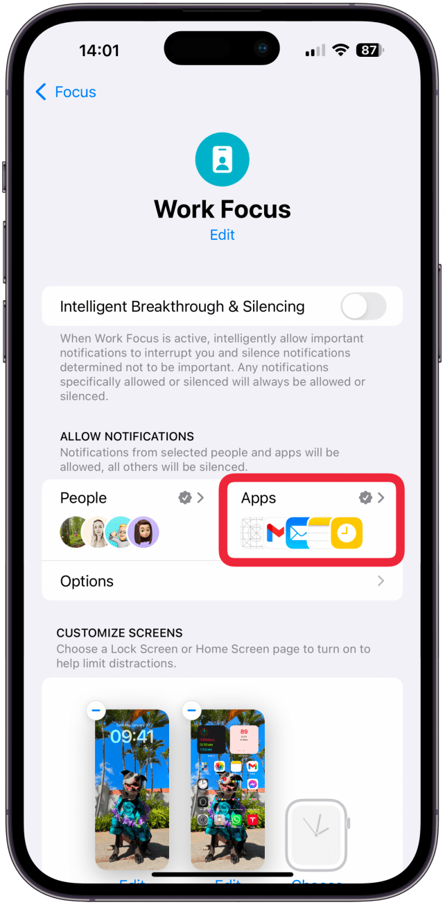 Next, tap Work Focus to return to the Focus customization menu, and select Apps.