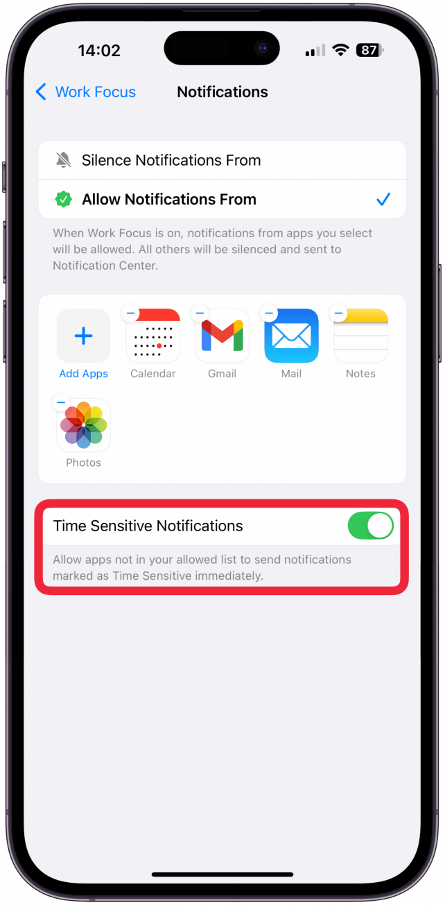 The steps for selecting apps is the same as it is for selecting people. The only difference is that at the very bottom, you can decide if you want to toggle Time Sensitive Notifications on or off. I recommend toggling this on in case there is an emergency, such as a hacker attempting to log into your social media or email. Any changes you make will be saved automatically.