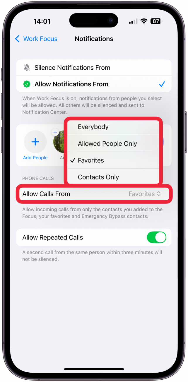 If you select to Allow Notifications From certain contacts, you'll be able to select who you wish to allow calls from. Tap Allowed People Only and make your selection between Everybody, Allowed People Only, Favorites, or Contacts Only.