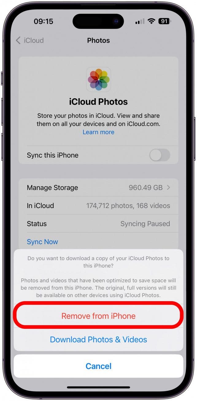 Tap Remove from iPhone to take all photos and videos off your iPhone and store them in iCloud.