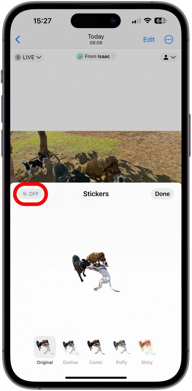 To the very left of the word Stickers, you should see the Live photos icon and the word OFF. Tap it.