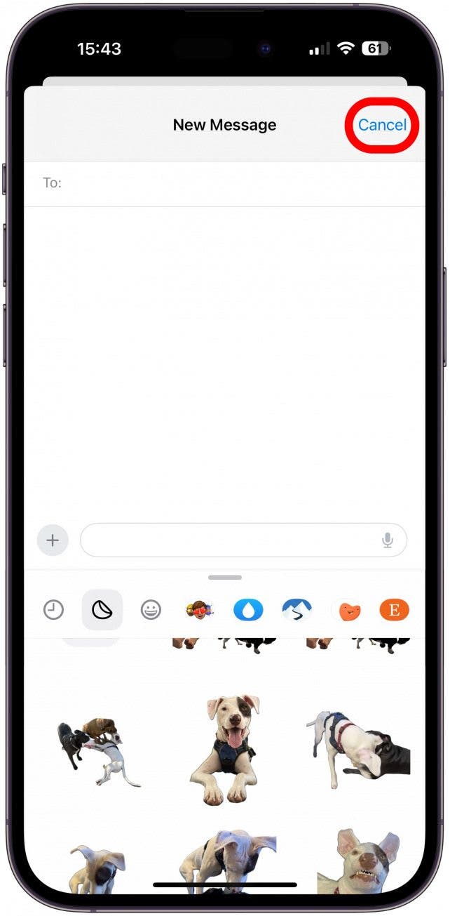 You can just tap Cancel to leave the Messages app or type in a contact's name and select a sticker to send them.