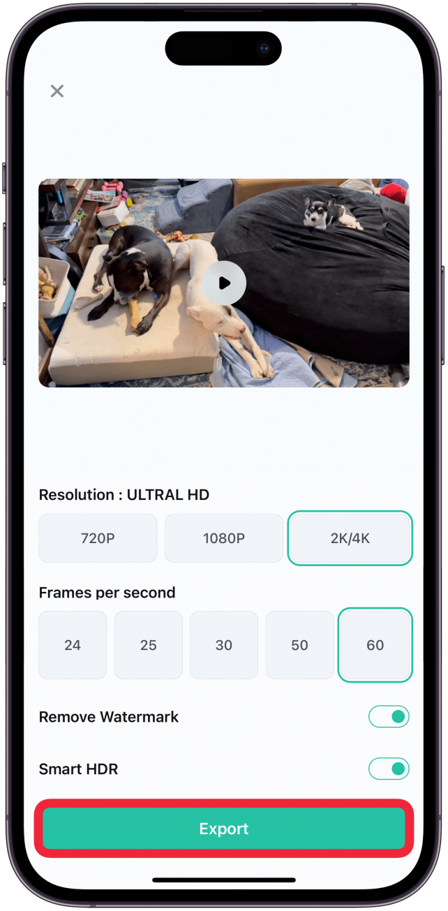 Select a resolution and frames per second, toggle on Remove Watermark and Smart HDR for best results, and then tap Export.