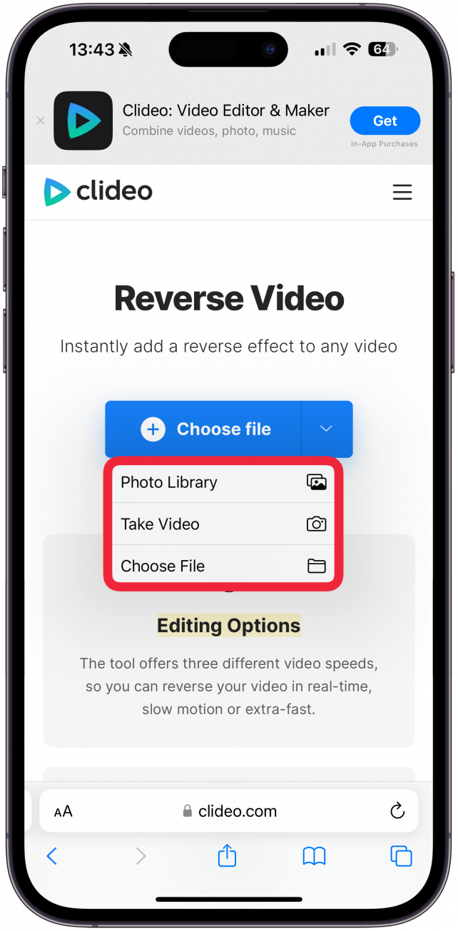 Select Photo Library, Take Video, or Choose File, depending on your needs.