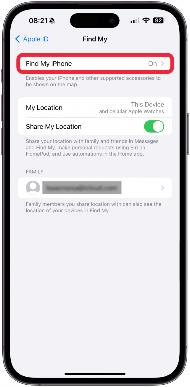 Tap Find My iPhone.