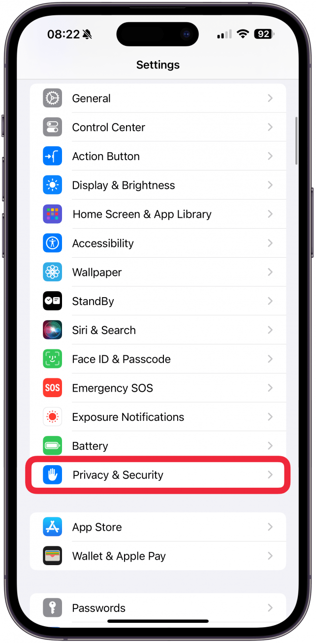 Return to Settings and tap Privacy & Security.