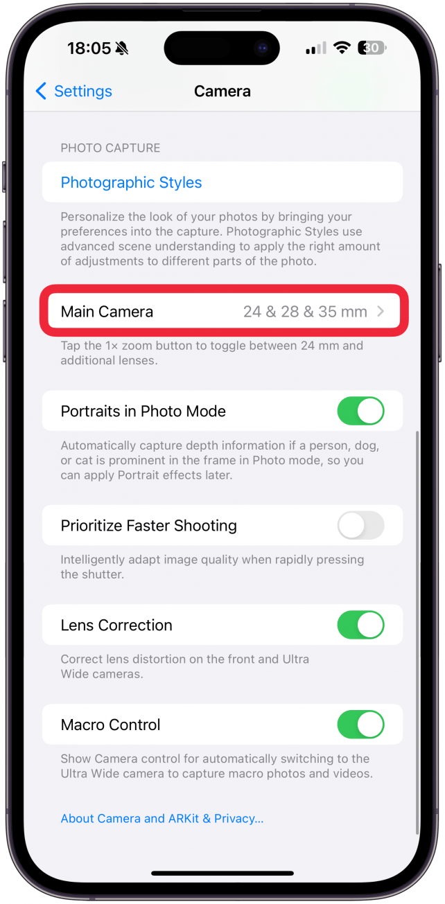 Scroll down and tap Main Camera.