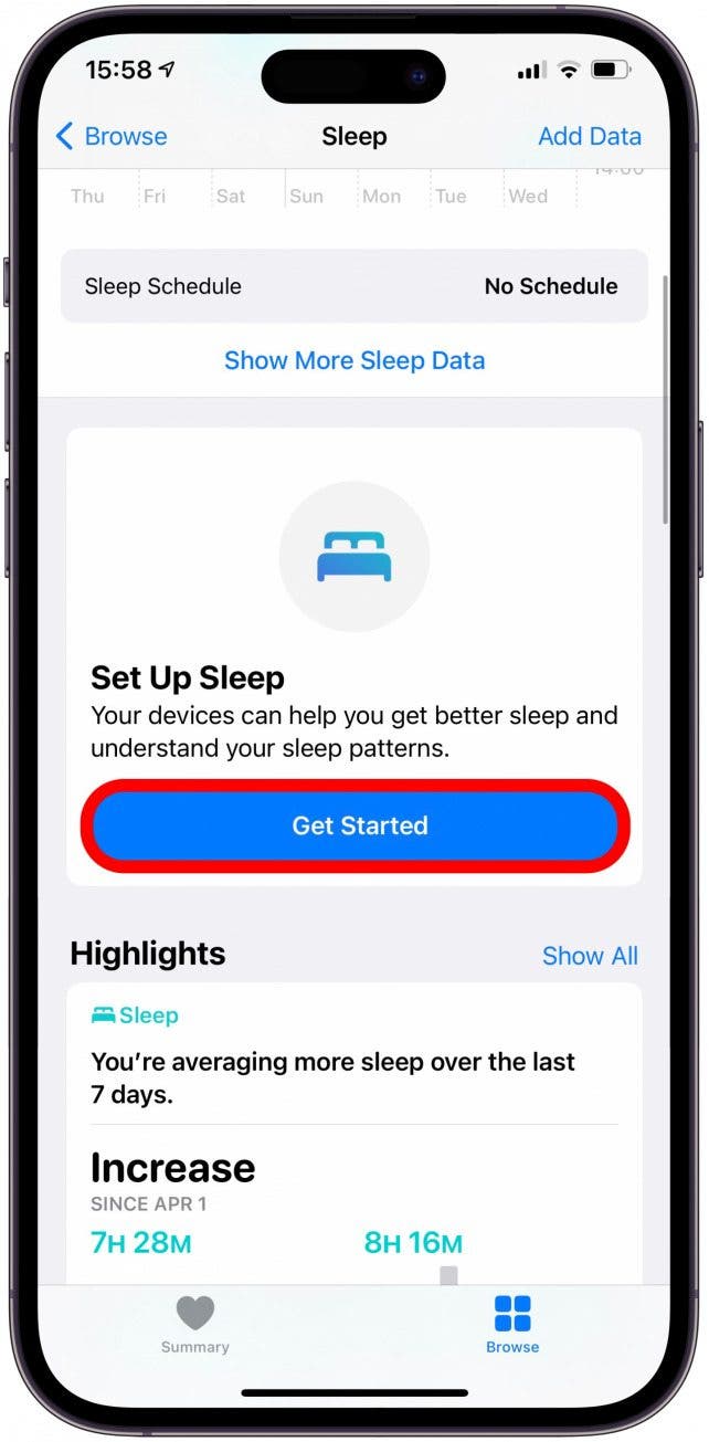 Get Started to set up sleep tracking.