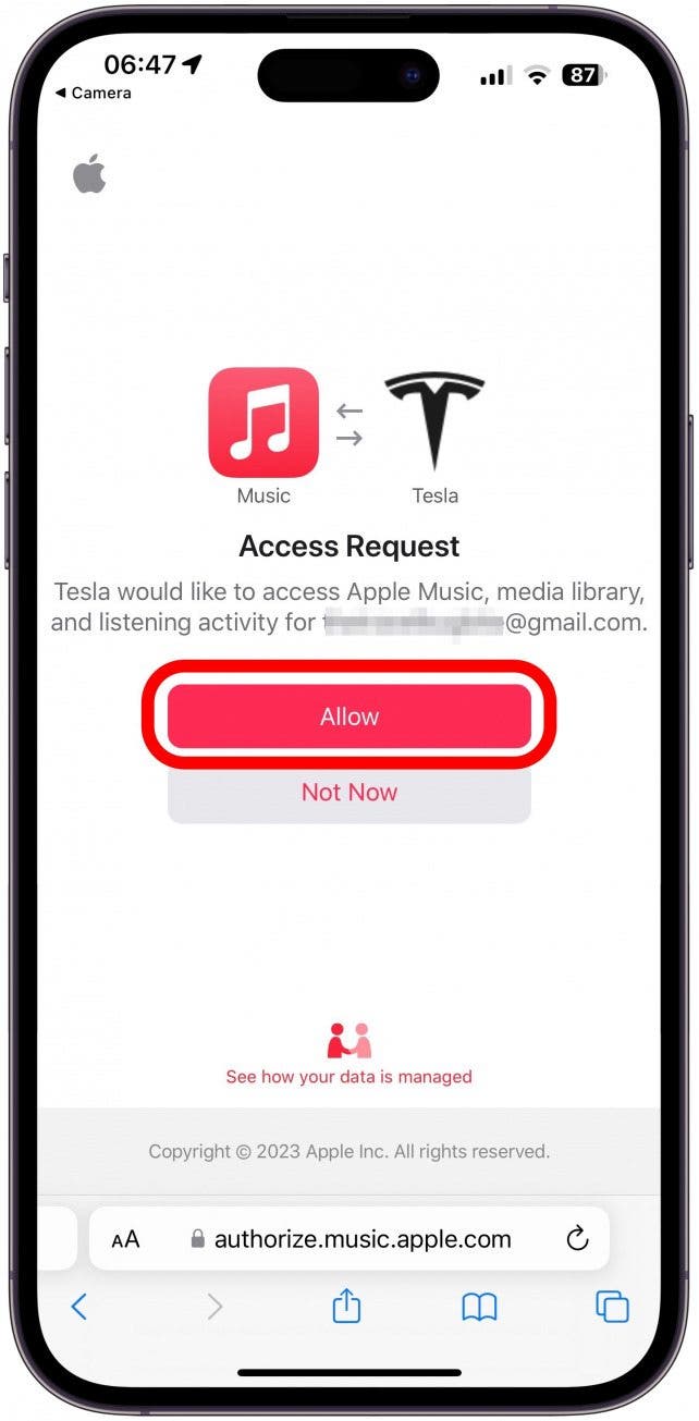 Tap Allow to give Tesla access to your Apple Music account.