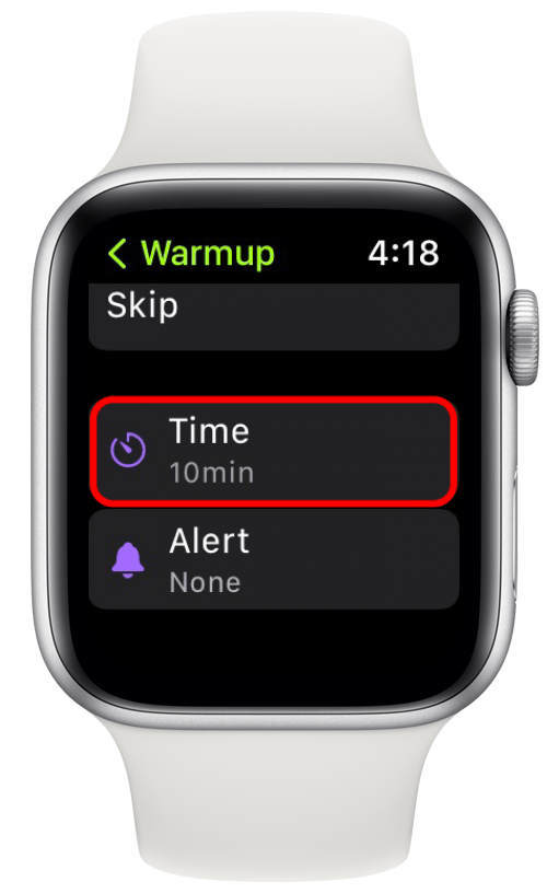 If you select Time or Distance, you can scroll down and tap the time or distance to customize the duration of your warmup.