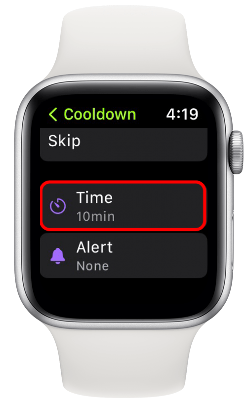 If you select Time or Distance, you can scroll down and tap the time or distance to customize the duration of your cooldown.